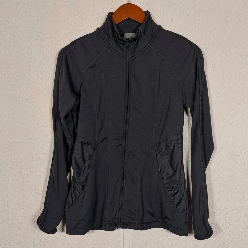Athleta Ruched Pocket Dark Gray Athletic Workout Zip Front Jacket Sz S